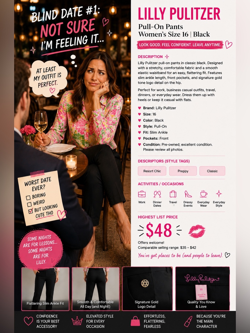 Lilly Pulitzer Black Slim Pull-On Ankle Pants